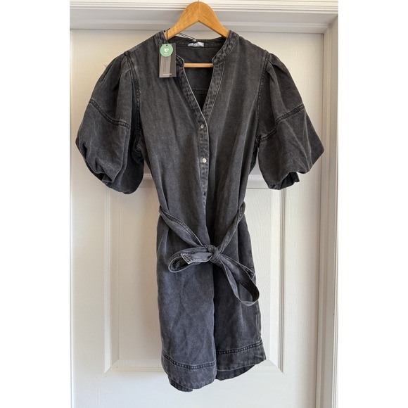 Rails Dresses & Skirts - Rails Denim Dress Womens Medium Black Puff Sleeve Belted Mini Button Front NWT